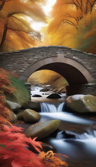 stone bridge arches babbling stream surrounded vibrant autumn foliage