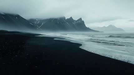 Wall Mural -  A monochromatic picture of a shoreline with a backdrop of mountains and a body of water in the foreground