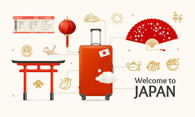 Sticker - Realistic Detailed 3d Welcome Japan Travel and Tourism Concept with Ticket, Suitcase, Food, Torii Gate and Hand Fan . Vector illustration