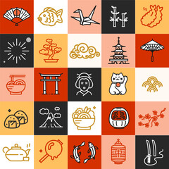 Japan Color Element Symbol Travel and Tourism Thin Line Seamless Pattern Background Include of Geisha, Fuji, Lantern and Bamboo . Vector illustration