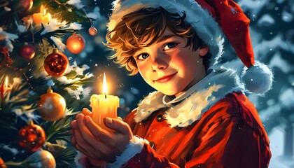 Joyful Christmas scene with a cheerful boy holding a candle alongside Santa Claus, capturing the magic of the holiday spirit.