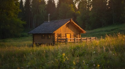 A wooden hut in the middle of the meadow, sunset atmosphere, golden time, a forest house