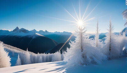 vibrant mythical winter landscape frozen mountains forests bright sun sun rays shining panoramic view