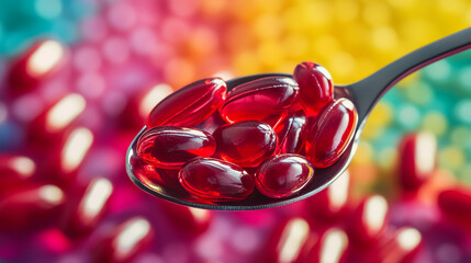 Red vitamin capsules sit in a spoon against a colorful backdrop. They look like a small, healthy meal.