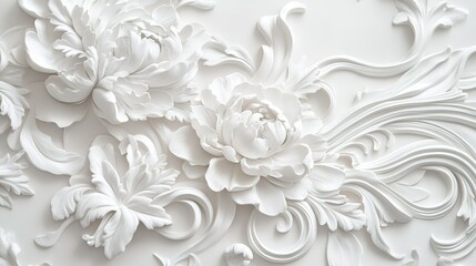 Elegant white floral wall design featuring intricate carved details and flowing patterns in a modern interior setting