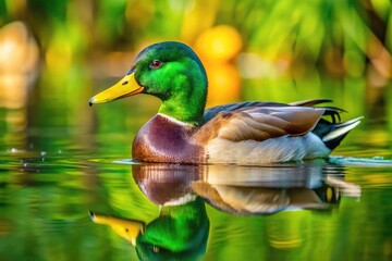 A vibrant green-headed male duck with yellow bill and brown body swims in a serene lake surrounded by lush green vegetation and calm water reflections.