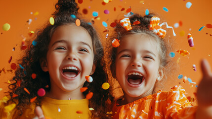 Excited Children Celebrating Halloween with Candy Corn and Confetti, Captured Against an Orange Background for a Vivid and Joyful October Portrait