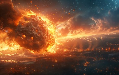 Wall Mural - a fiery meteor streaks across the sky, leaving a trail of destruction in its wake.