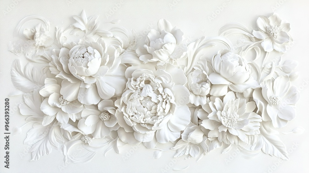 Elegant white floral wall art display featuring intricate peonies and blossoms in a serene, contemporary setting