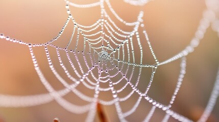 A close-up of a spider web adorned with dewdrops, showcasing nature's intricate beauty.