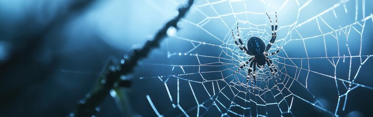 A close-up of a spider in its intricate web, illuminated by soft blue light.