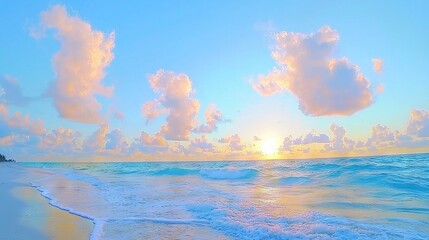 Wall Mural -   The sun sets over the sandy beach beside the ocean in the foreground