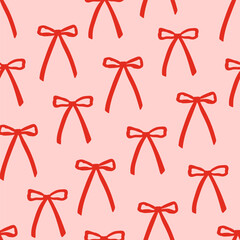 Seamless pattern with abstract simple red ribbons. Vector flat background with bows in retro style. Coquette and ballet core. Holiday, christmas, valentines day clipart