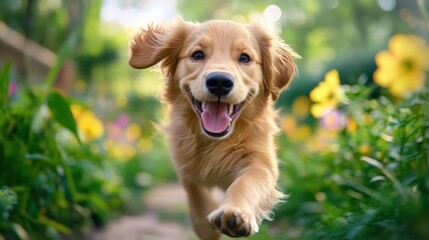 Canvas Print - A dog running through a field of flowers and grass, AI