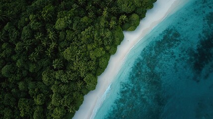 Wall Mural -   An aerial shot of a tropical paradise boasting pristine white sand beaches and swaying palm trees framing crystal-clear turquoise waters