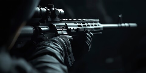 Close-up of a man shooting a rifle in a dark background