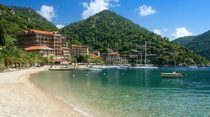   A cluster of vessels bobbing atop a tranquil sea beside a verdant, wooded hill