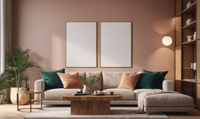 A modern living room with a white sectional sofa and two empty picture frames on a pale pink wall