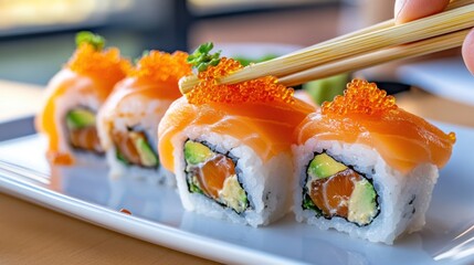 A close up of a plate with sushi rolls on it, AI