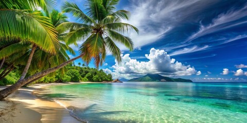 Palm Tree Canopy Over Tropical Beach with Lush Mountains, tropical beach, palm tree, island