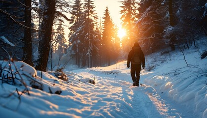 Wall Mural - Serene winter hike through a snow-draped forest with a man strolling along a peaceful road under a breathtaking sunset