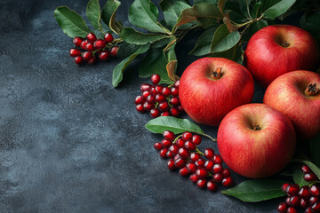 Wall Mural - Apples and pomegranate seeds on a dark background. Holiday card for the Jewish New Year holiday Rosh Hashanah with copy space