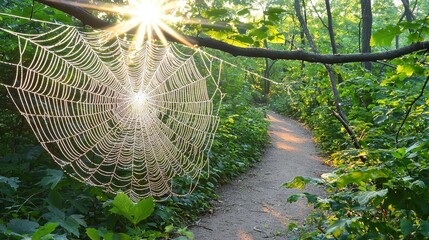 Wall Mural -   Spider web dangles from tree above dirt path in forest with sunlight filtering through leaves