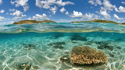 Wall Mural -   An image shows the ocean below with a coral reef in the foreground and blue sky with cloudy background