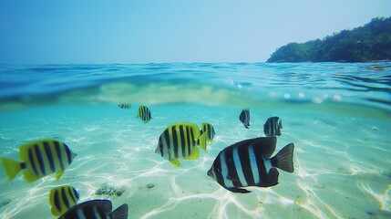 Wall Mural -   Fish swim on water, near shore with small island