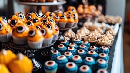 Sticker - A colorful display of Halloween-themed cupcakes and treats.