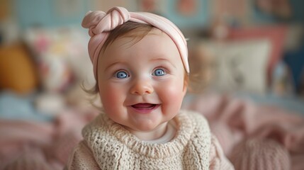 a close-up portrait of a happy baby girl with blue eyes and a pink headband, looking at the camera a
