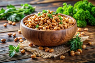 Close-up of a wooden bowl overflowing with roasted soy nuts, garnished with fresh green herbs, on a rustic wooden table against a natural background.