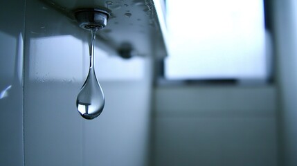 Wall Mural -   Water droplet on faucet with window background