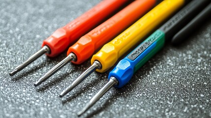 this screwdriver set includes five different colored screwdrivers. the colors are red, orange, yello