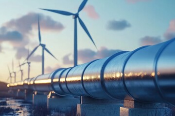 Close-up of a hydrogen pipeline with wind turbines in the background, symbolizing the integration of renewable energy infrastructure