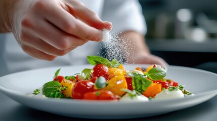 Poster - A person sprinkling salt on a plate of vegetables, AI