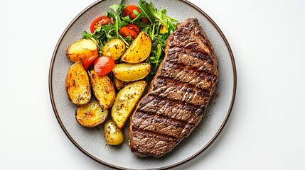 Top view of a dish with a tasty grilled beef steak, rustic potato wedges, and vegetable salad on a white backdrop.