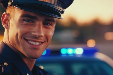 Close-up portrait of a smiling young police officer standing near a patrol car