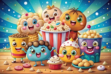 Colorful cartoon characters enjoy a variety of snacks, including popcorn, candy, and cookies, in a whimsical illustration with bright backgrounds and playful textures.