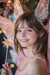 Poster - A young girl dressed as a fairy, smiling with wings and a sparkling wand.