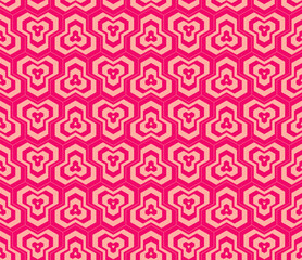 Wall Mural - Vector funky pink and peach geometric seamless pattern with concentric lines, stripes, hexagon shapes, triangles, tiles. Colorful abstract background. Simple modern bold texture. Repeated design