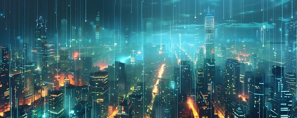 Wall Mural - Futuristic cityscape with glowing lights and digital rain effects.