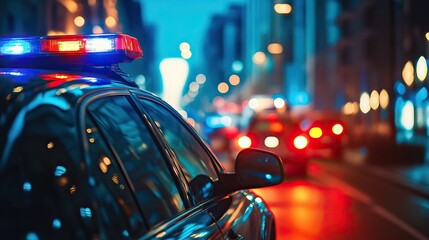 Wall Mural - Police car with flashing lights at night. AI generated image