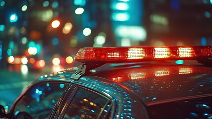 Wall Mural - Police car with flashing lights at night. AI generated image