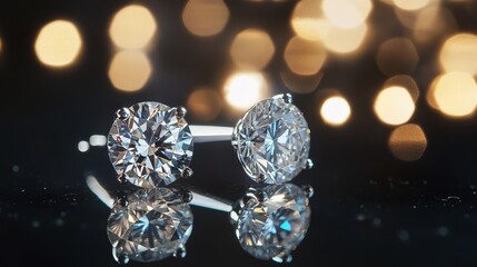 A close-up of elegant diamond earrings reflecting light against a bokeh background, showcasing luxury and beauty.