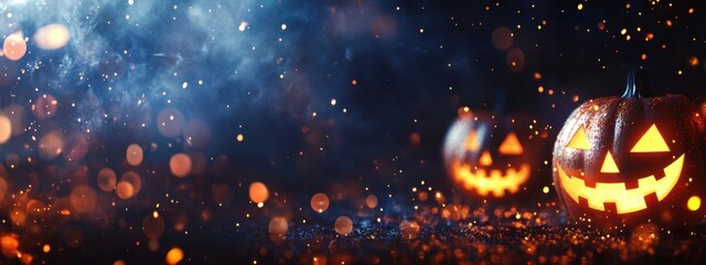 Wall Mural - dark background with blurred lights and halloween pumpkins on the right side, a banner for a hallowe