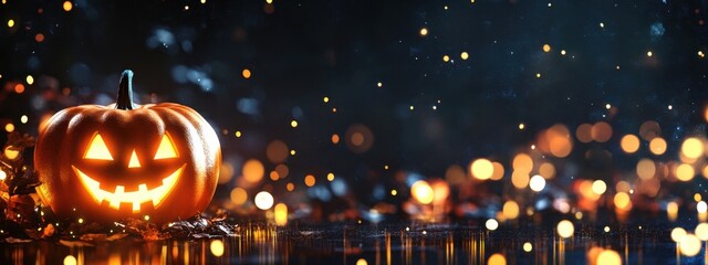 Wall Mural - dark background with blurred lights and halloween pumpkin banner, panorama generative ai
