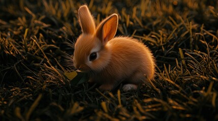 Wall Mural -   A tiny bunny rests on the green grass, clutching a leaf in its mouth while its wide-eyed gaze reveals its alertness