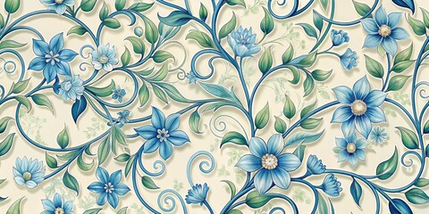 Delicate blue flowering vines and foliage swirl together in an intricate, ornate pattern on a soft, creamy background with subtle texture and gentle illumination.