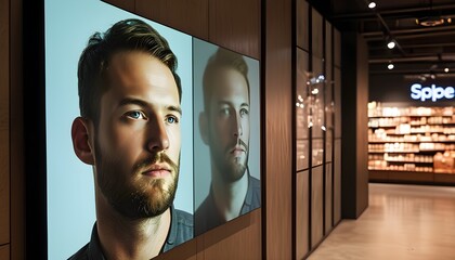 Sticker - Futuristic Storefront: Technology-Inspired Projection of a Human Face on a Wall